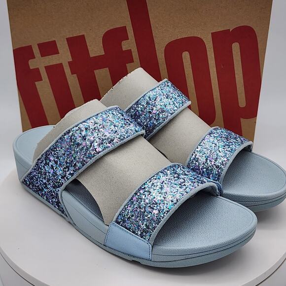 Fitflop Shoes - NEW - FitFlop Lulu Women’s Quiet Blue Glitter Wedge Sandals Comfort Size 10